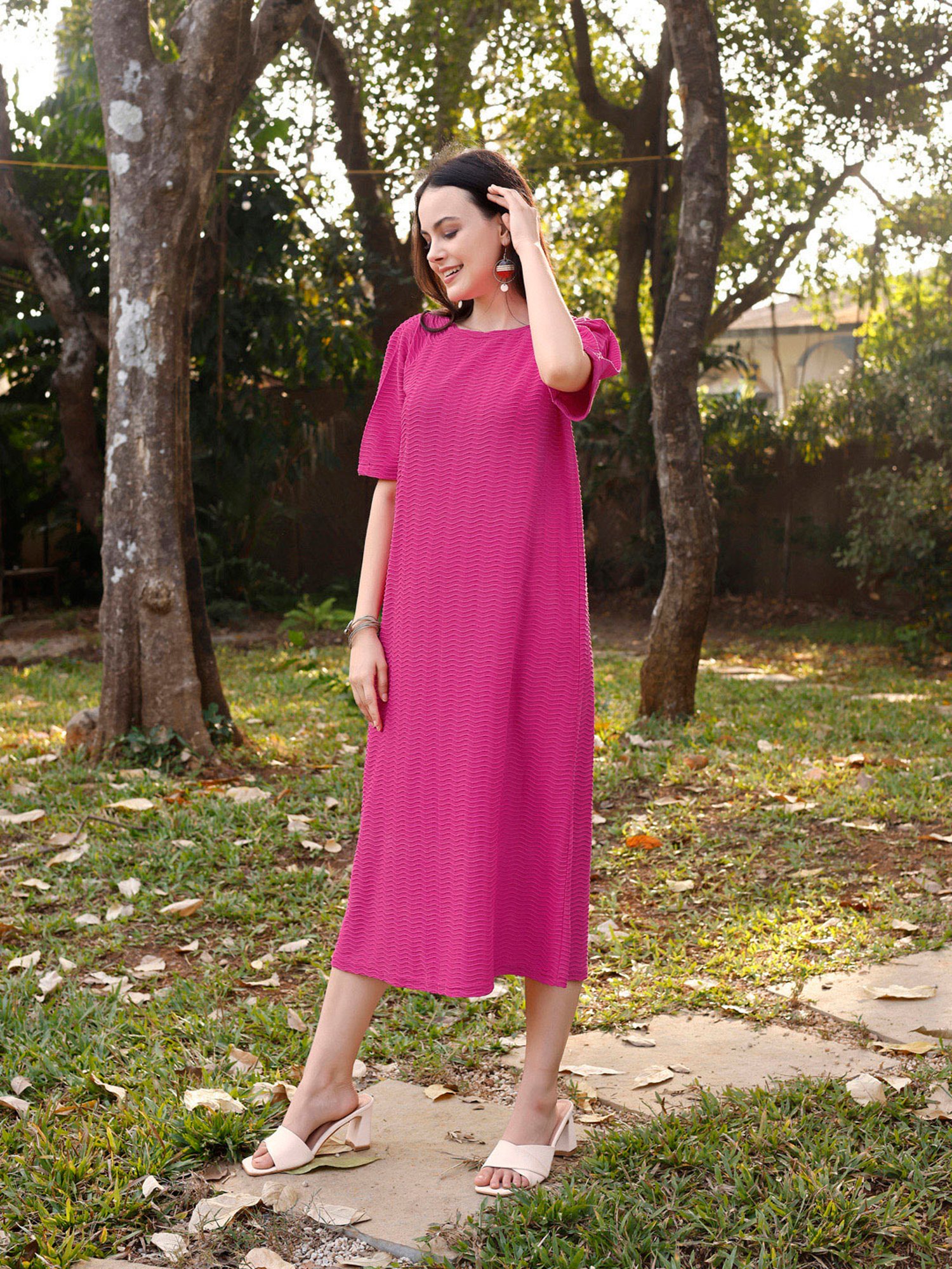 PURVAJA Pink Knitted Relaxed Fit Midi Dress