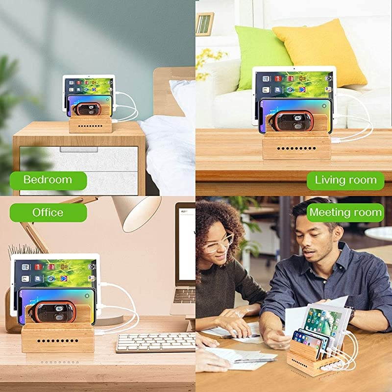 Bamboo Charging Station Wood Charging Station for Multiple Devices with 5 Ports USB Charger Docking Station for iPhone iPadTablet and Android Cell Phone