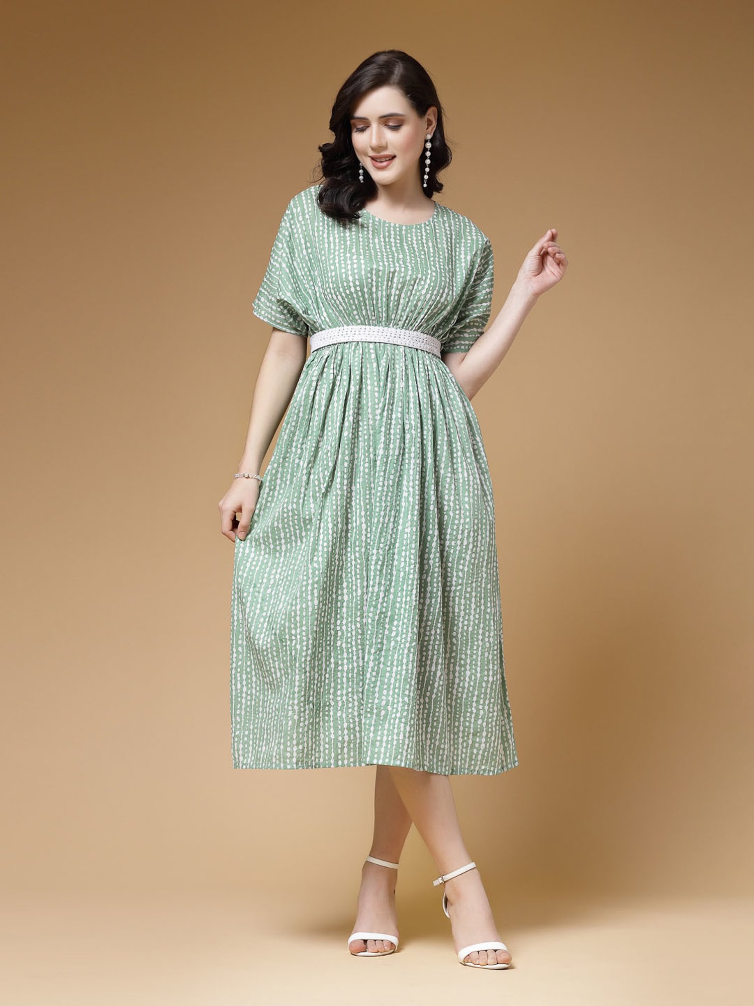 Indibelle Green Cotton Striped Ethnic Dress