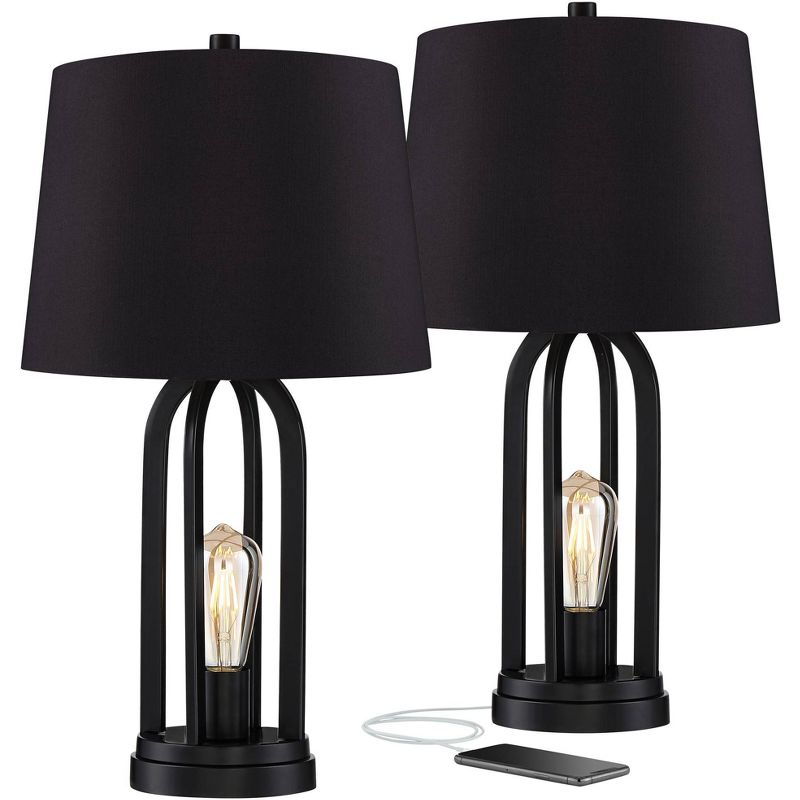 360 Lighting Marcel Black LED USB Night Light Black Shade Table Lamps Set of 2