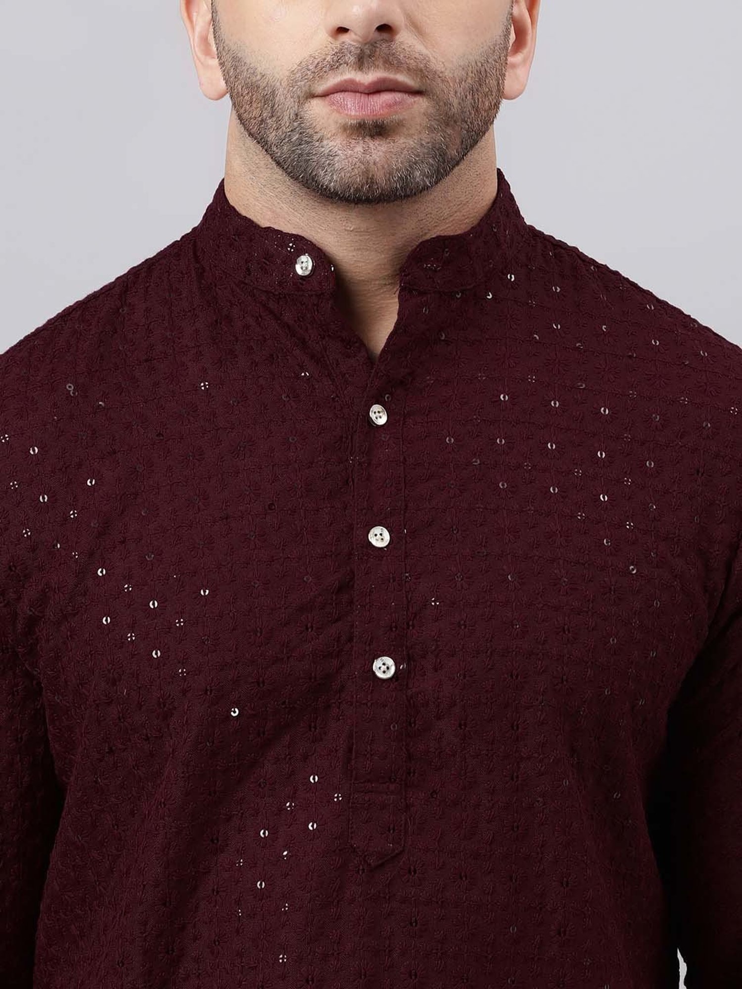 Hangup Maroon & White Regular Fit Embroidered Kurta & Pyjamas Set