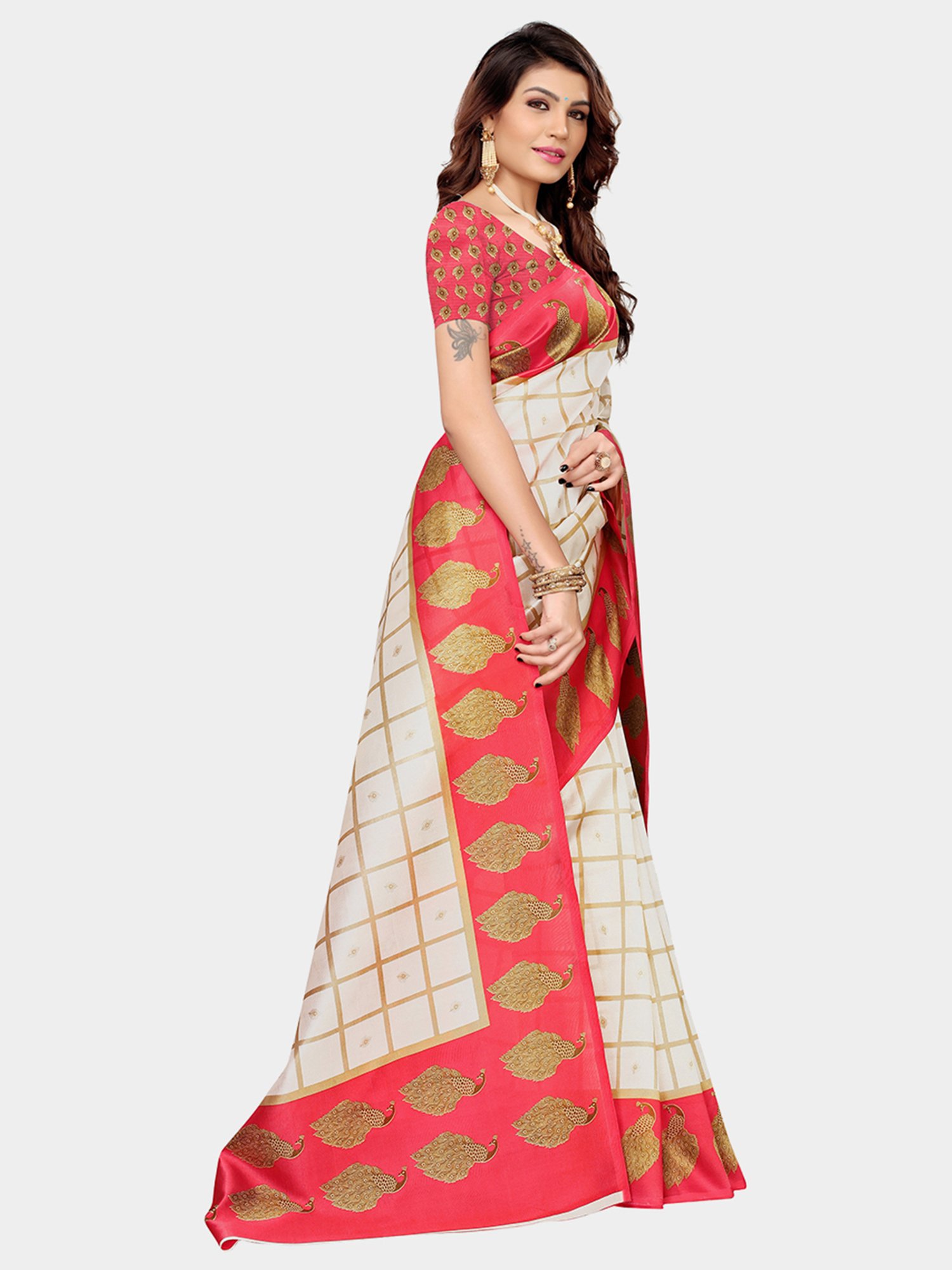 KSUT Red & Beige Check Saree With Blouse