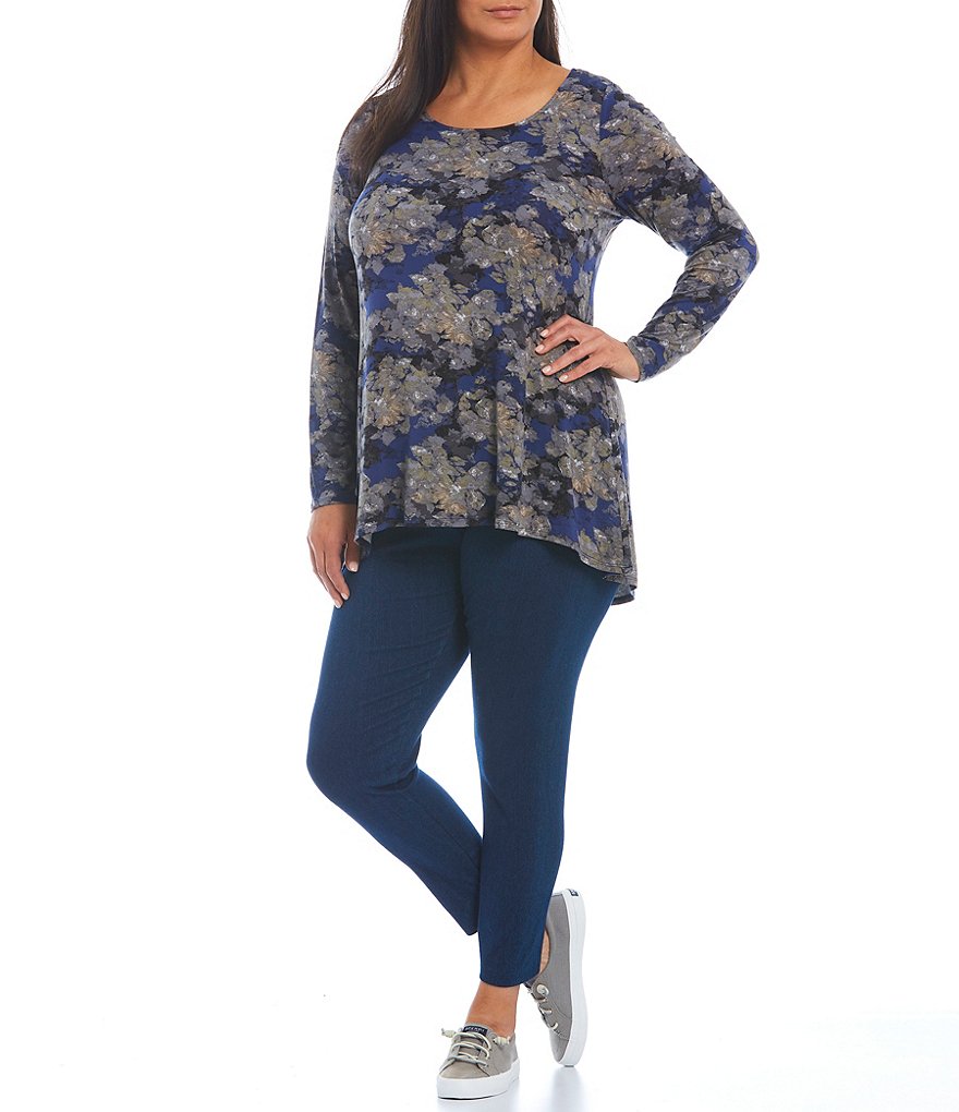 Intro Plus Size Jewel Neck Long Sleeve Pleat Back Detail Hi-Low Abstract Floral Swing Top