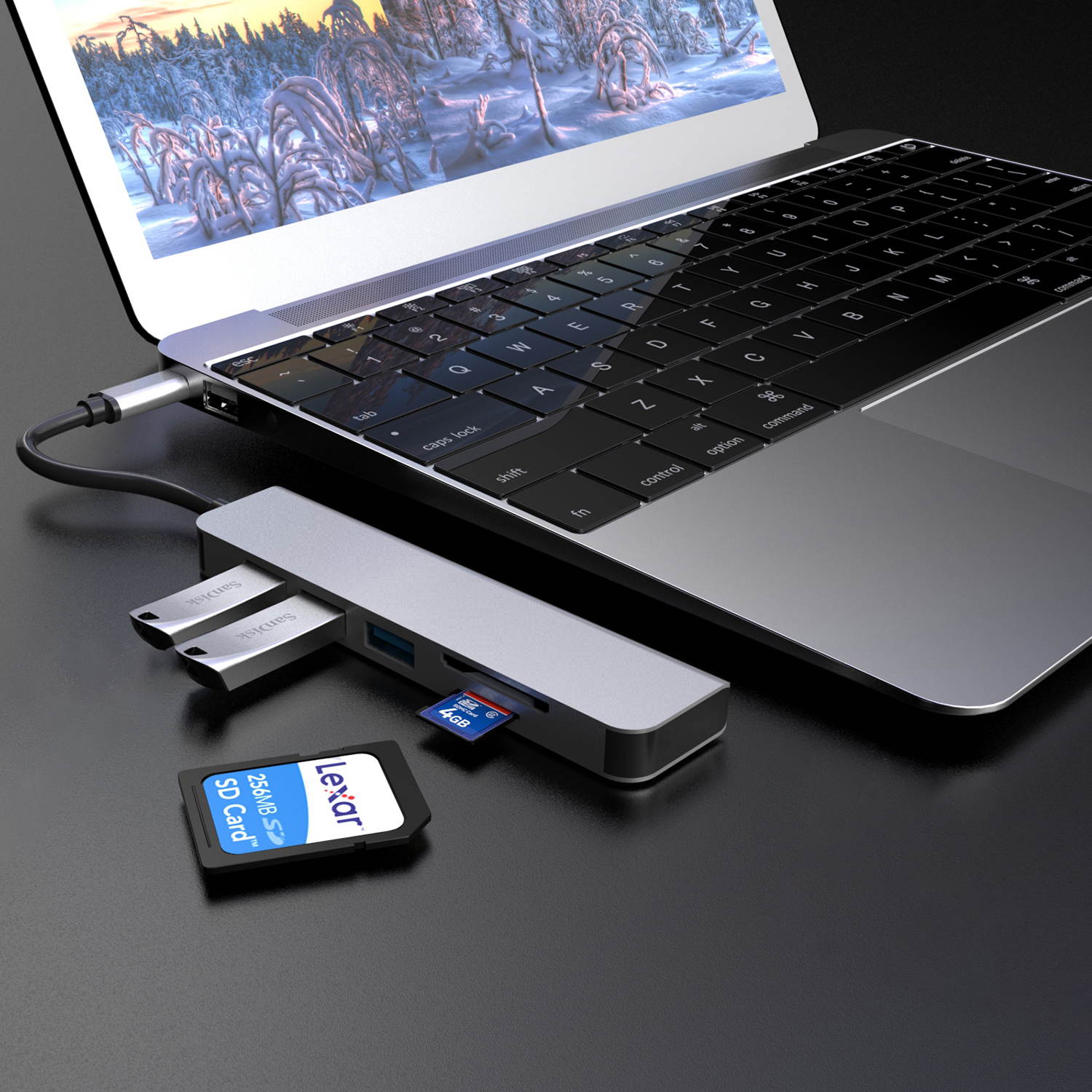 Computer USB converter 4 in 1 hub, HDMI Port Max 4K UHD 3840*2160@30HZ with  3 USB 3.0 Hub Ports up to 5Gbps for data syncing, Suitable for the Mac with TYPE C interface and mouse, card reader,etc.