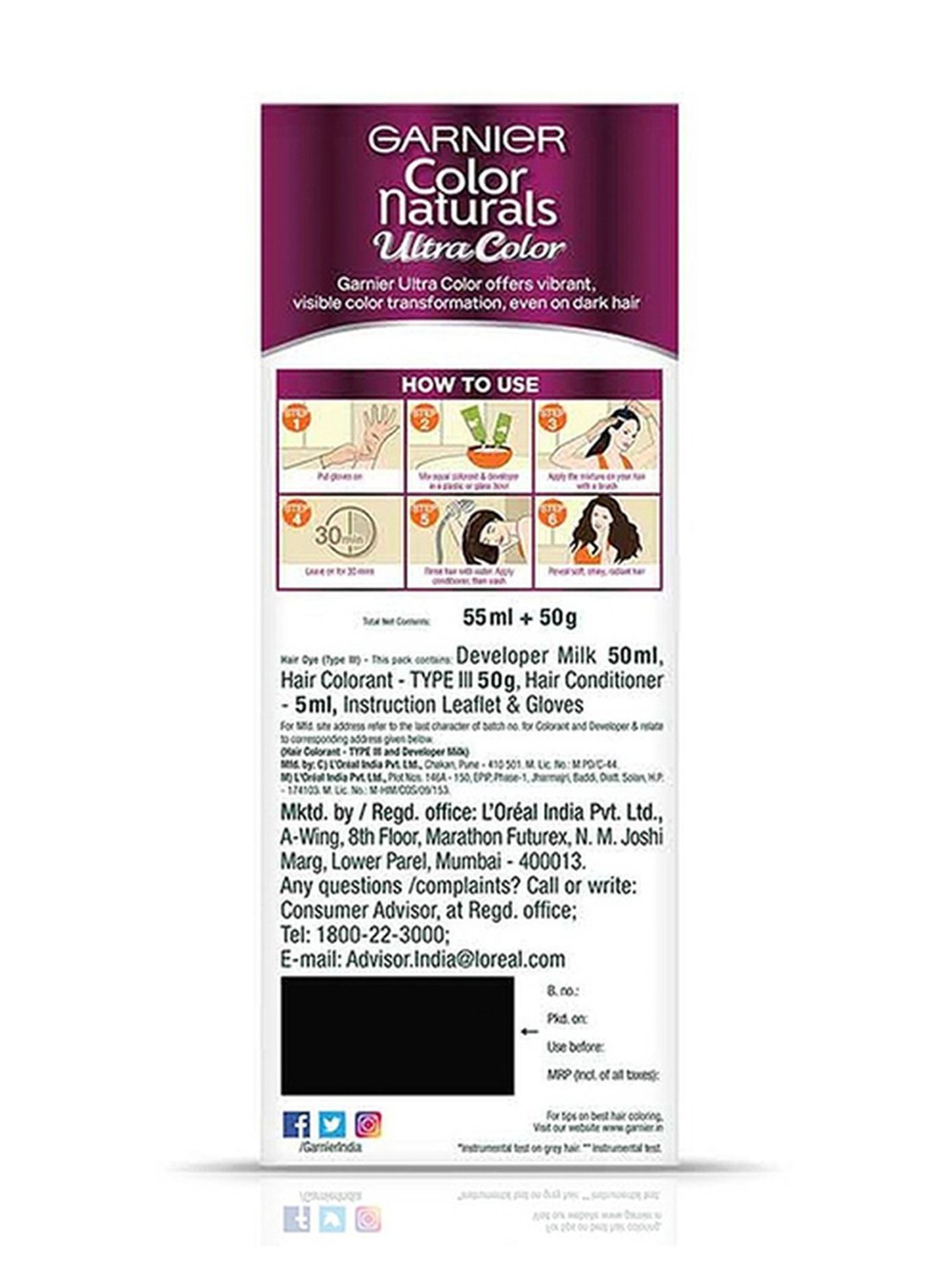 Garnier Color Naturals Creme Riche Hair Color Shade 6.26 Plum Red - 55 ml + 50 gm