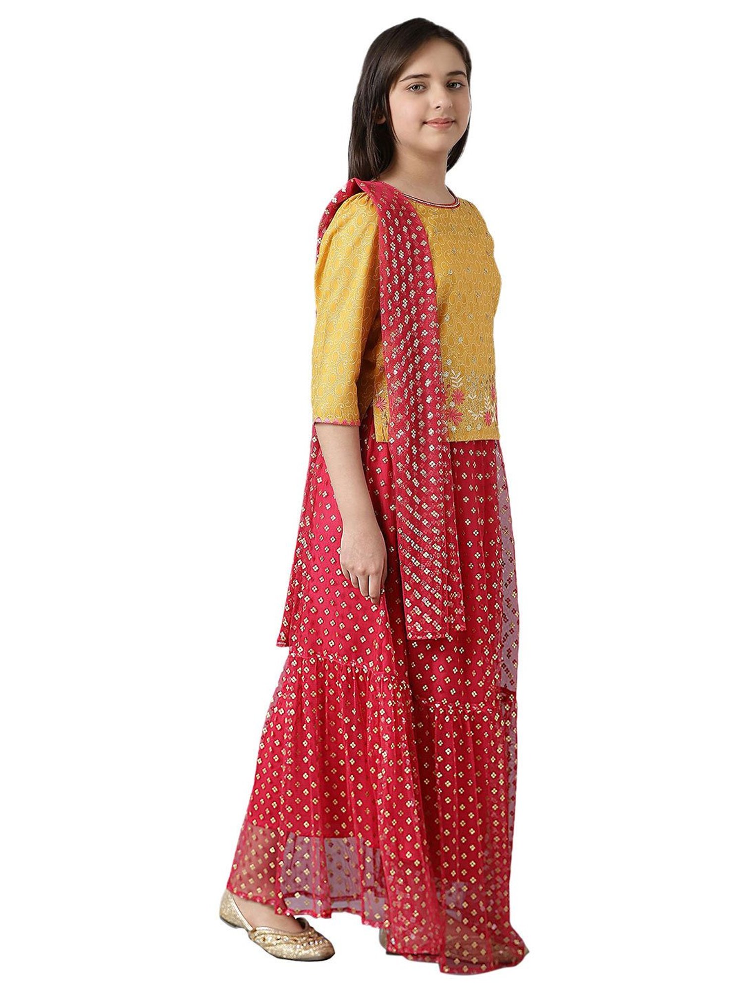 Aurelia Kids Yellow & Red Embroidered Top with Skirt & Dupatta