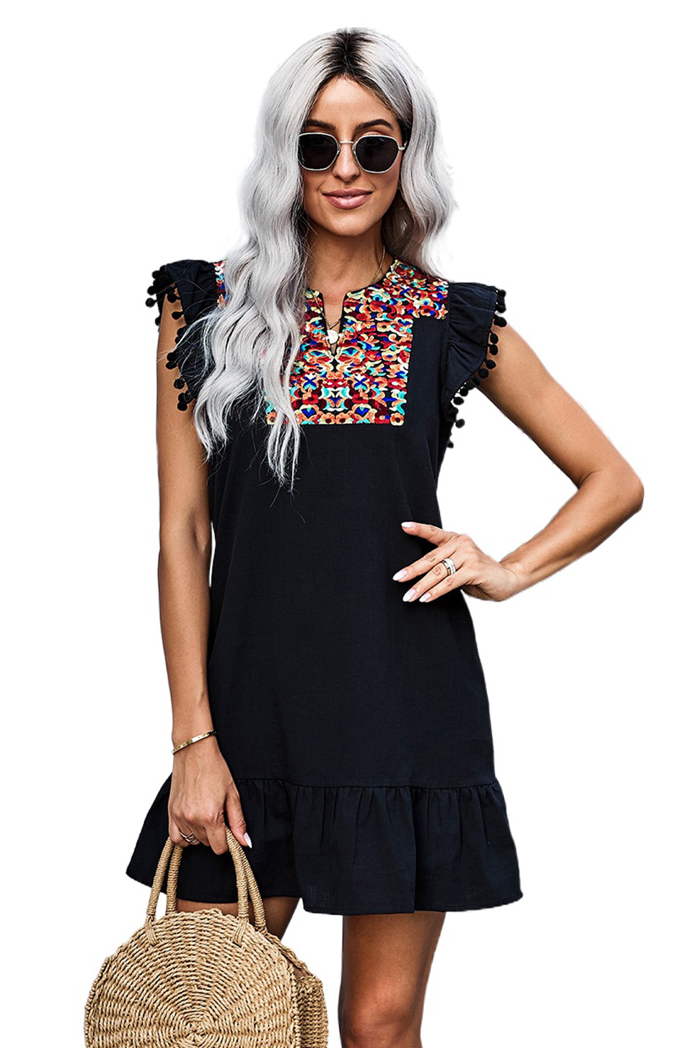 Black Pom Pom A Line Ruffled Sleeveless Short Dress