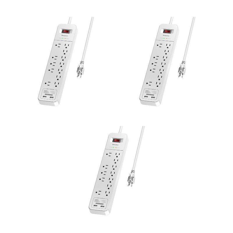 Huntkey 3 x SMC127 125 Volt Power Strip with 12 AC Sockets, 2 USB Ports, 6 Foot Heavy Duty Cord, and Flame Retardant ABS Construction, White (3 Pack)