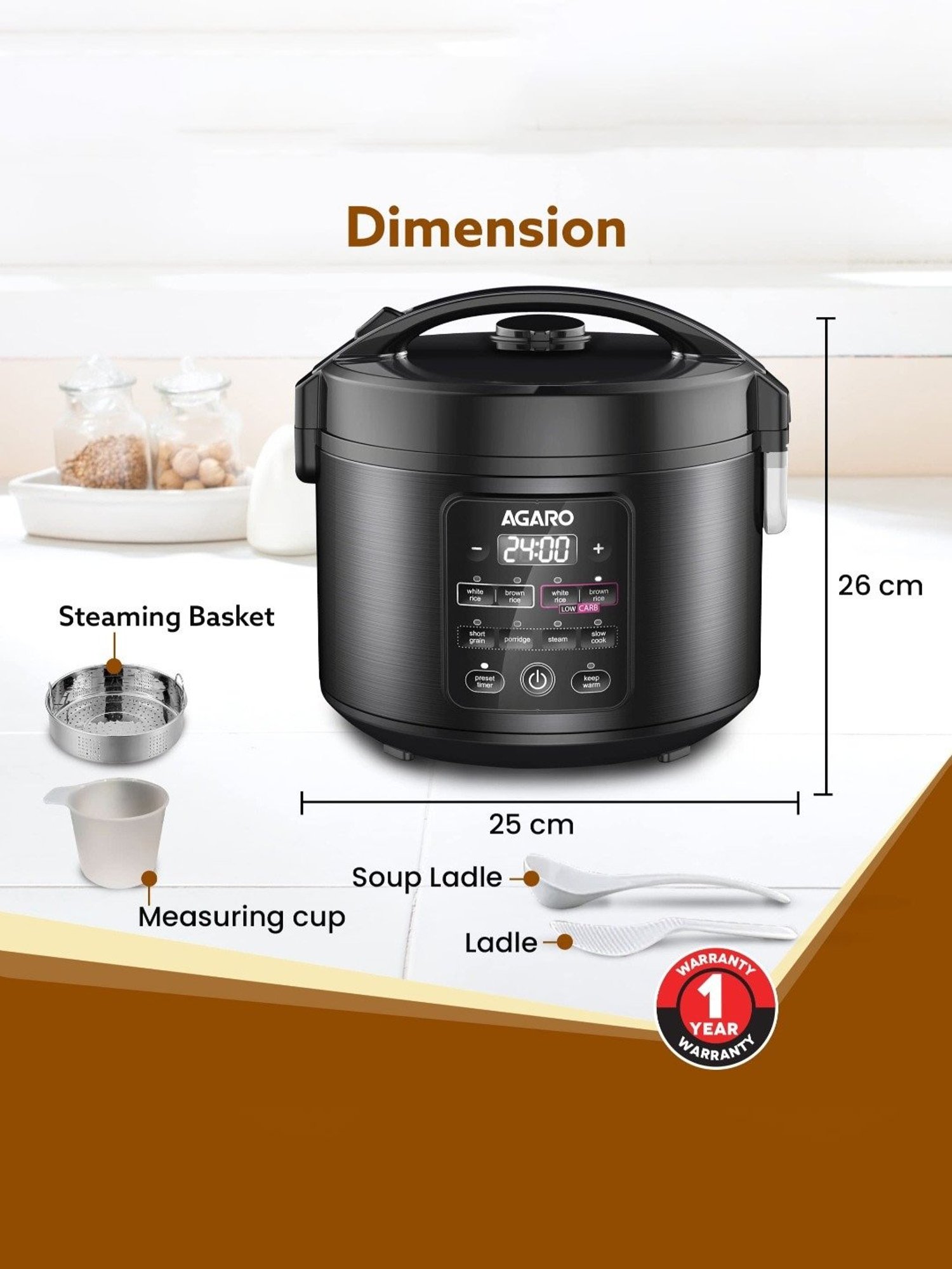 Agaro Regal Electric Rice Cooker 1.3L with Ceramic Inner Bowl & LED Display (Black)