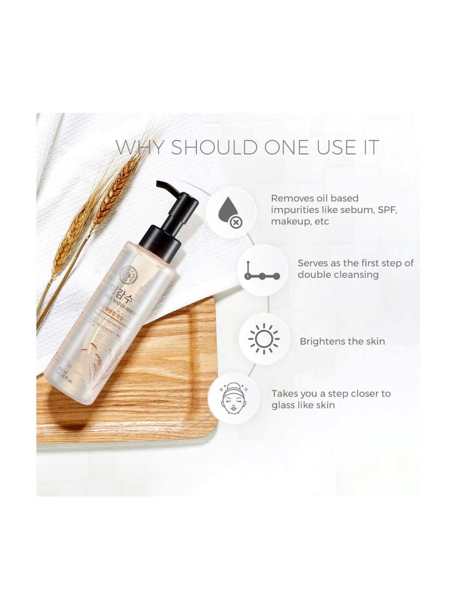 The Face Shop Rice Water Bright Light Cleansing Oil for Effective Makeup Remover - 150 ml