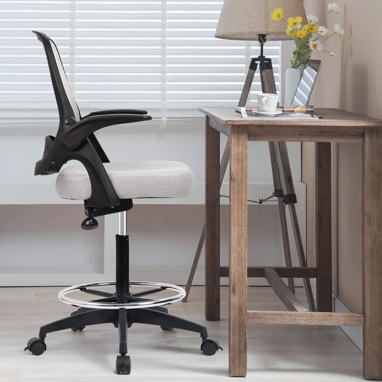 Devoko Drafting Chair with Flip-up Arms Tall Office Chair Executive Computer Standing Desk Chair with Lockable Wheel and Adjustable Footrest Ring (Black)