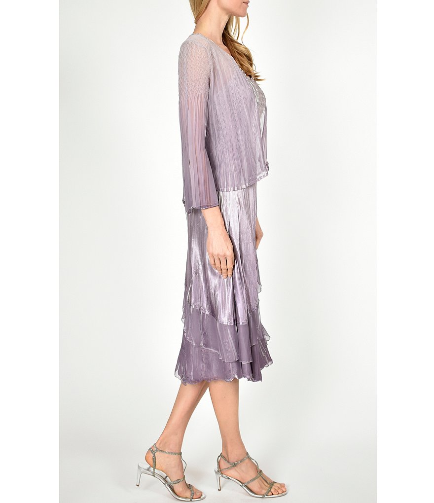 Komarov Beaded Neckline Ombre Chiffon Shiny Satin Charmeuse Crinkle Jacket Dress