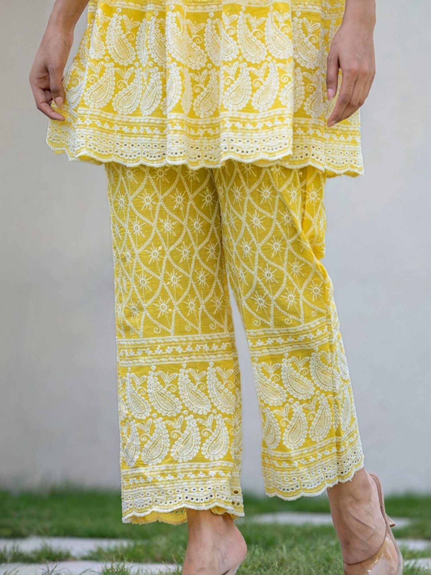 HOUSE OF JAMOTI Yellow Cotton Embroidered Tunic Pant Set