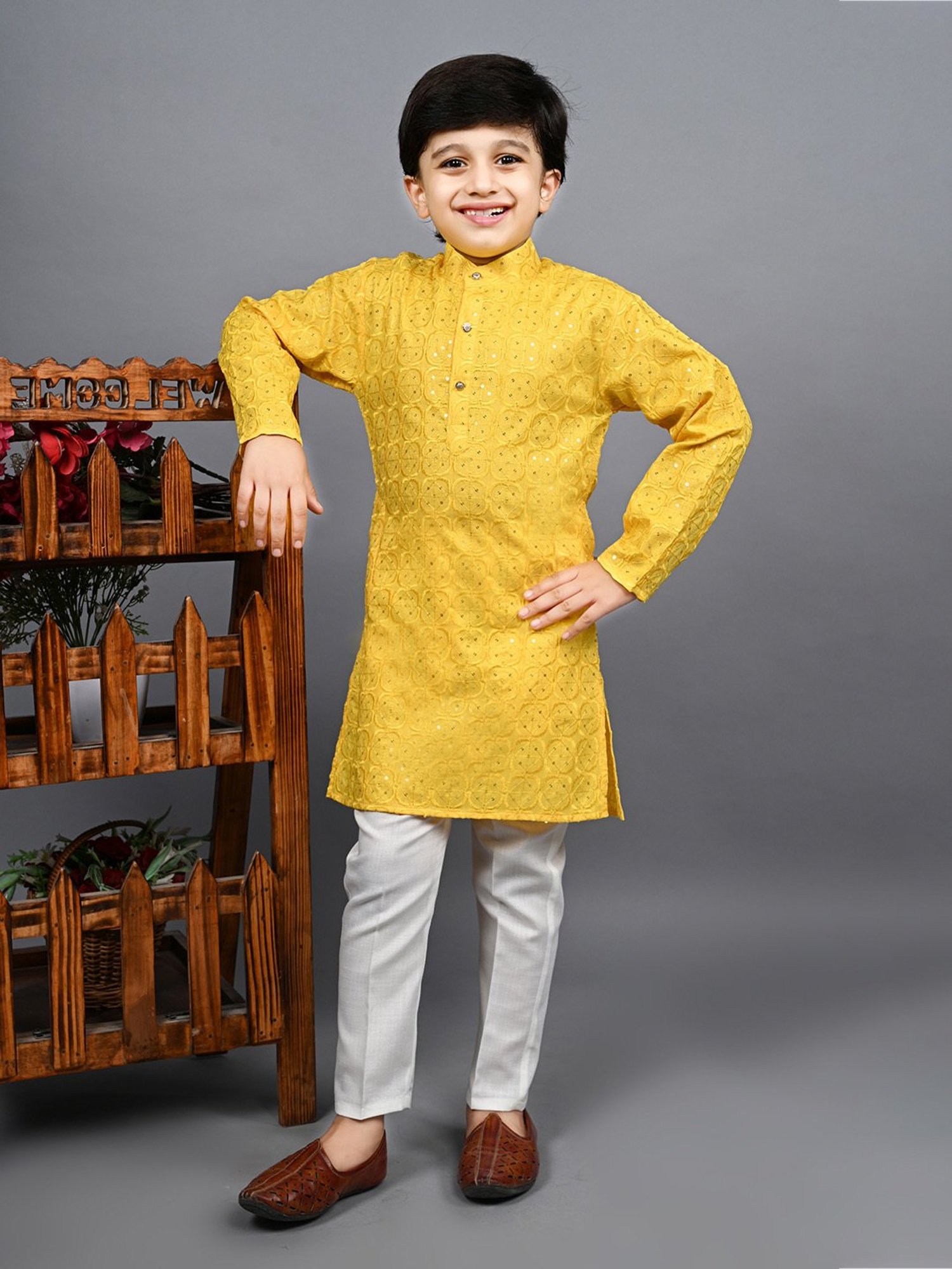 Ahhaaaa Kids Yellow & White Embellished Full Sleeves Kurta With Pyjamas