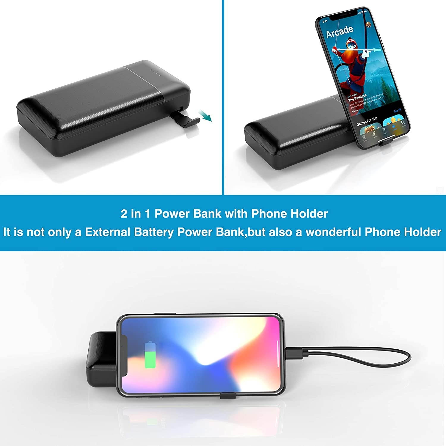 Portable Charger Power Bank24000mAh Phone Charger Ultra-High Capacity with Built in Phone Holder LED Power IndicatorExternal Battery Pack with Dual Inputs & Dual Outputs for Most Smartphones