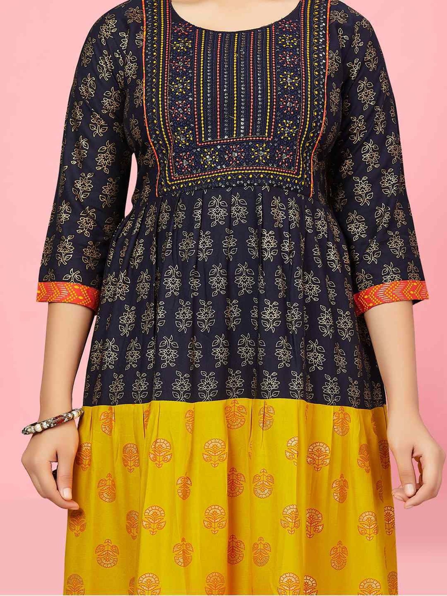 Aarika Kids Navy & Yellow Cotton Embroidered Kurti
