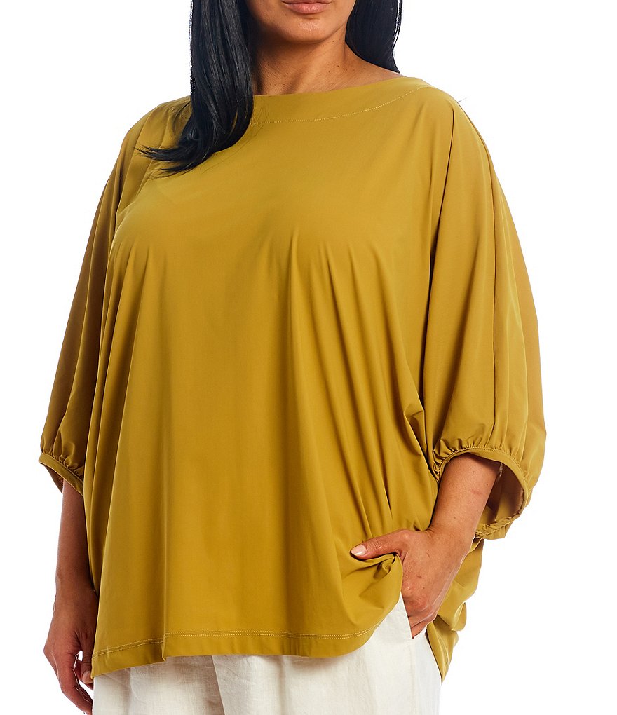 Bryn Walker Plus Size Wilder Microfiber Jersey Dolman Gathered Band 3/4 Sleeve Tunic