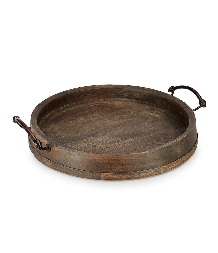 Southern Living Festive Fall Weathered Dark Mango Wood Round Tray with Handle