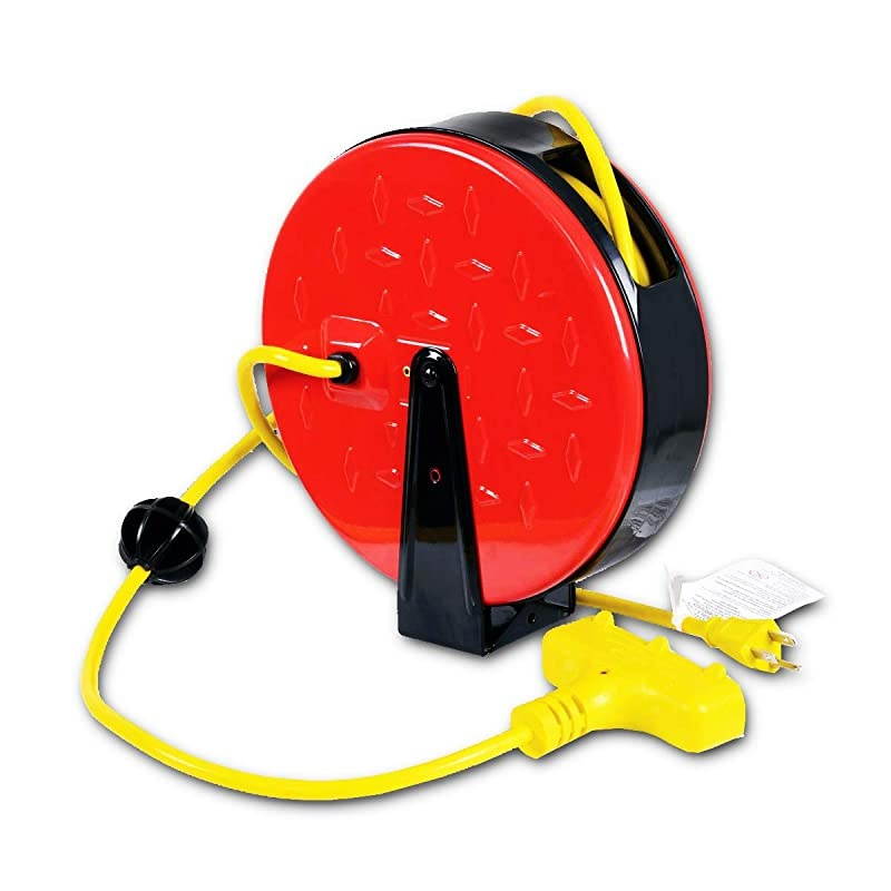 PRO Mini Extension Cord Reel Retractable Heavy Duty Industrial Steel Long 30 FT 16AWG SJTW Commercial Cable S3 Triple Tap Connector with Mounting Bracket Perfect for Indoor Use