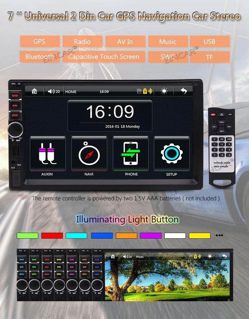 EinCar Newest Double 2 Din Car Stereo, 7 Inch Capacitive Touch Screen Car Radio MP3/MP5/FM Player Supports GPS Navigation/Bluetooth/USB/TF Card with Remote Control and 8GB GPS Map Card