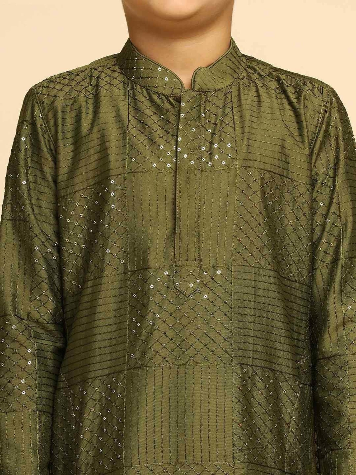 KISAH Kids Olive & White Cotton Embroidered Full Sleeves Kurta Set