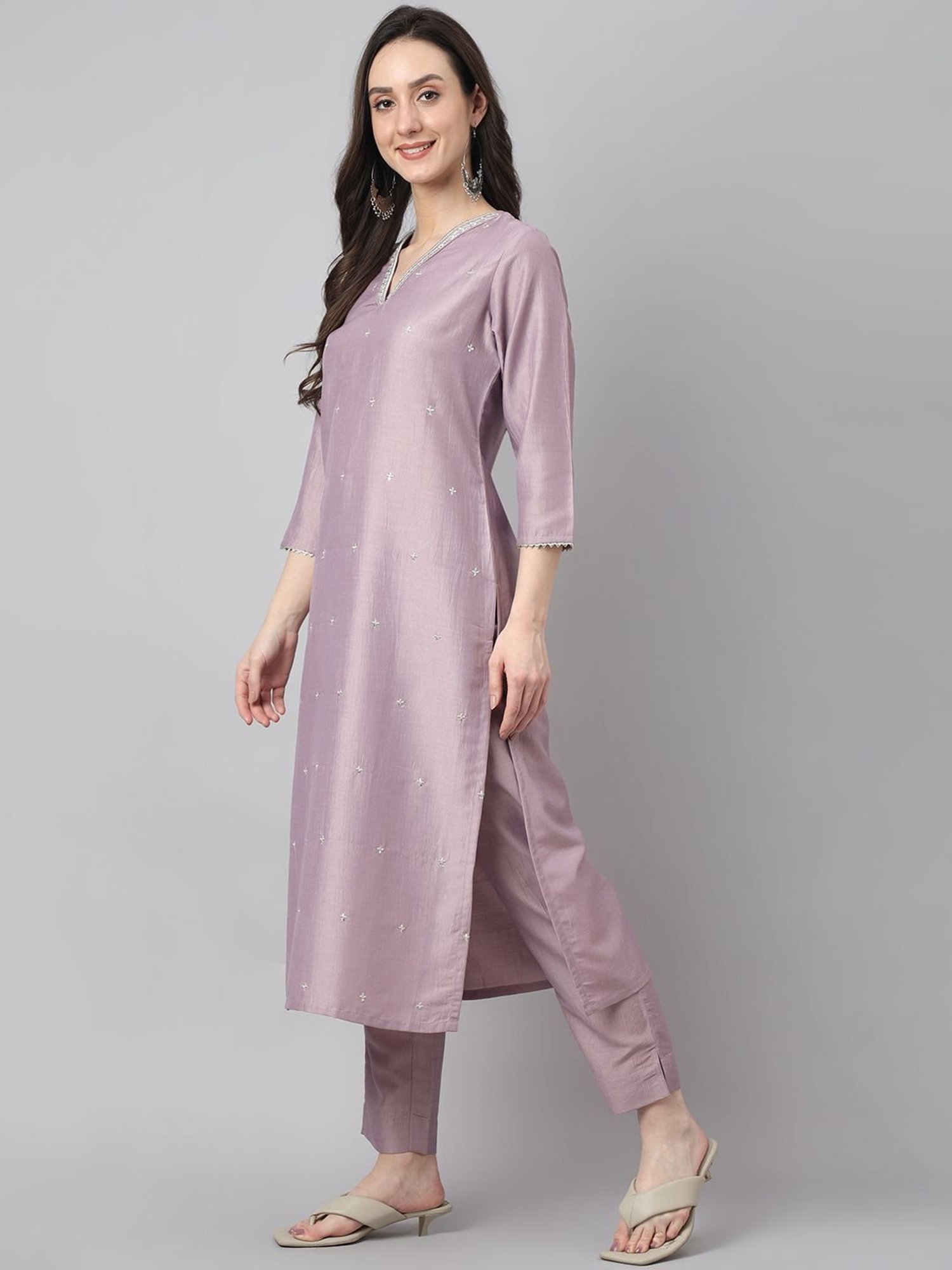 Janasya Purple Embroidered Kurta Pant Set With Dupatta