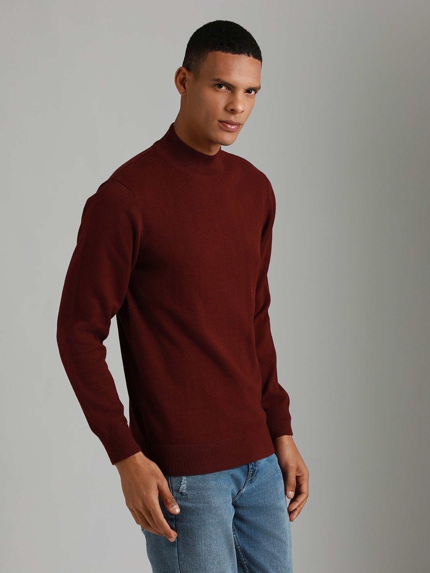 High Star Red Cotton Regular Fit Self Pattern Sweater