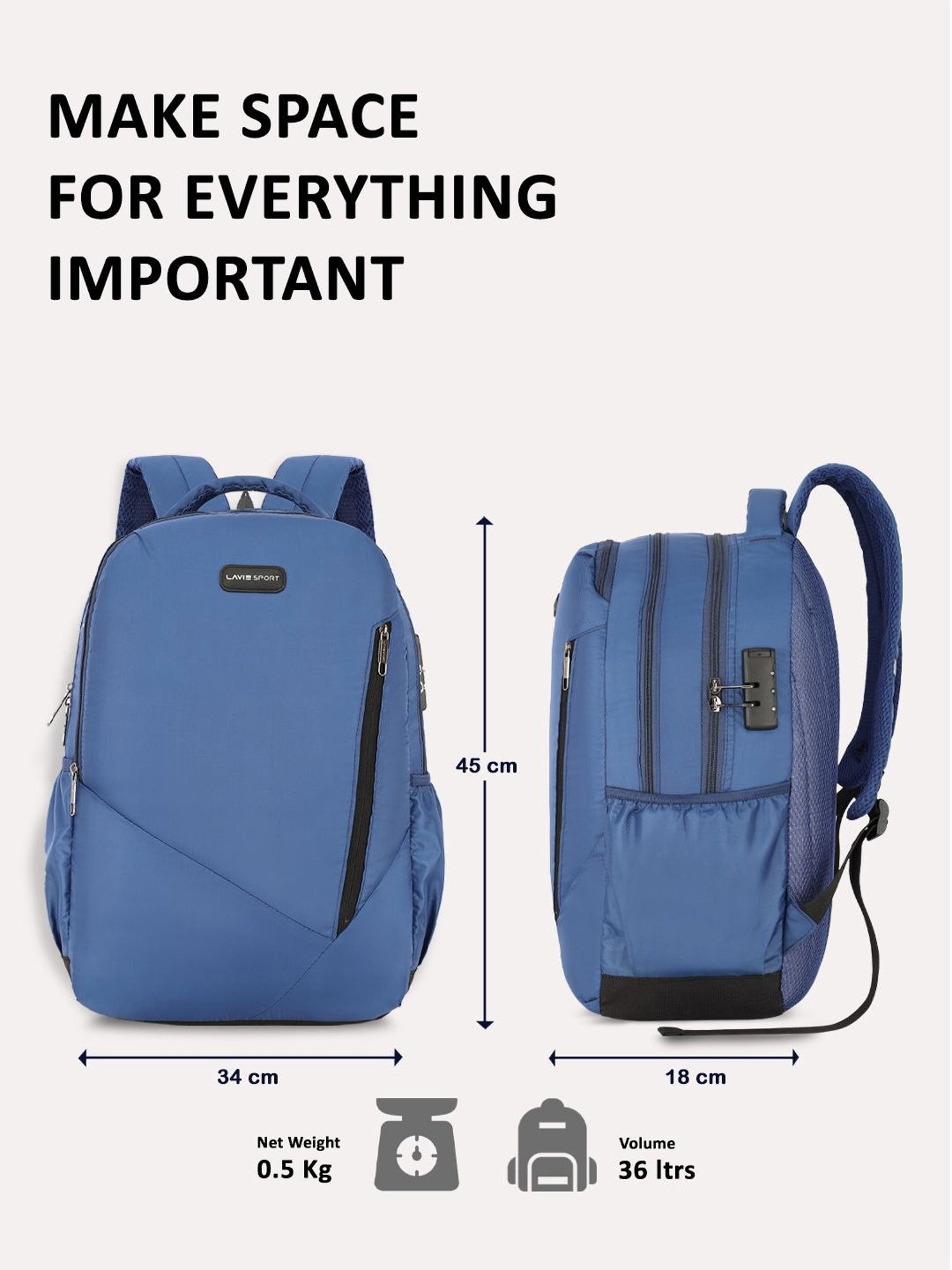 Lavie Sport Astro 36L Anti-theft Laptop Backpack For Men & Women (Navy)
