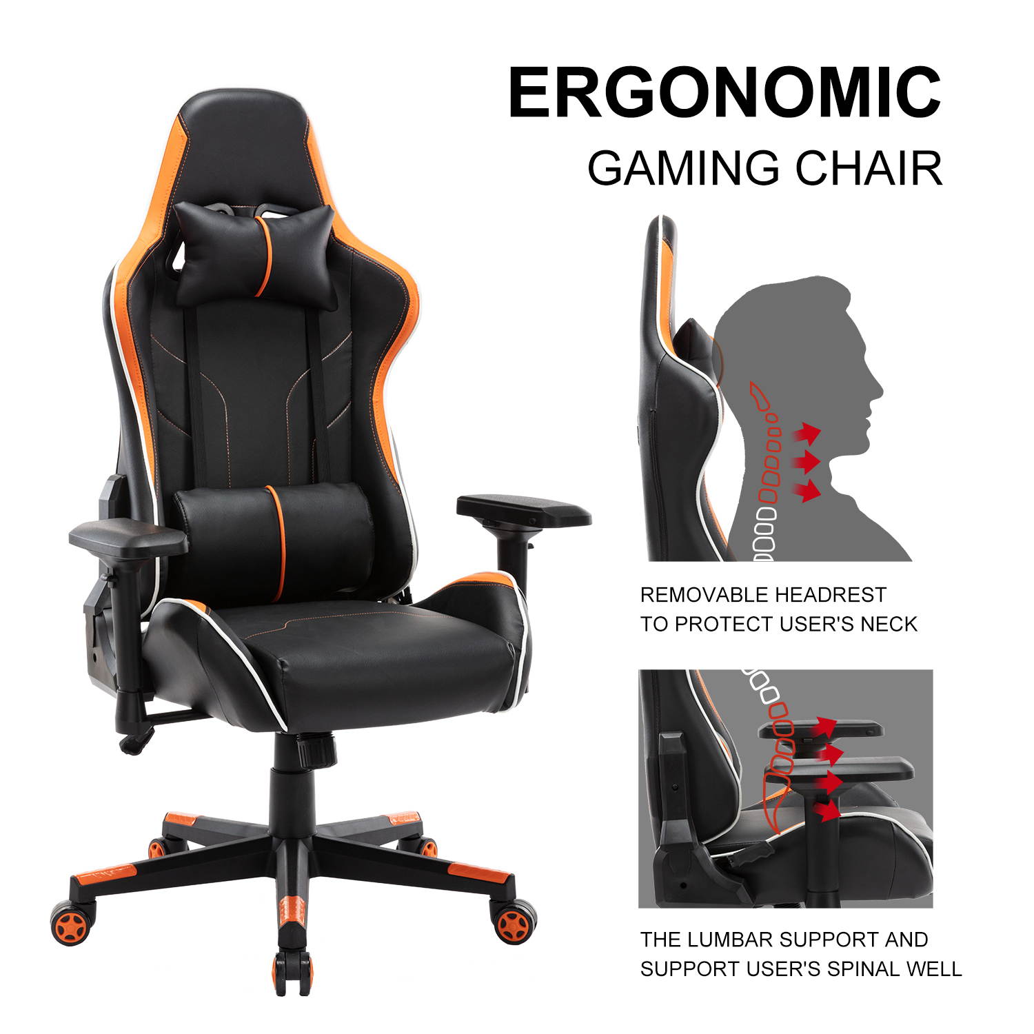 Gaming Chair, UHOMEPRO PU Leather High Back Computer Chair Office Chair, Home Desk Chair, PC Racing Chair, Executive Ergonomic Adjustable Task Chair with Headrest and Lumbar Support