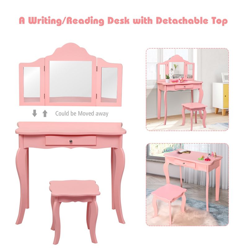 Costway Kids Vanity Table & Stool Princess Dressing Make Up Play Set for Girls Pink