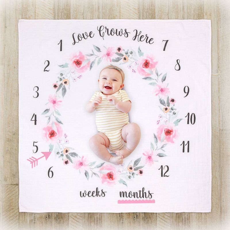 The Peanutshell Farmhouse Milestone Blanket Love Grows Here - Pink