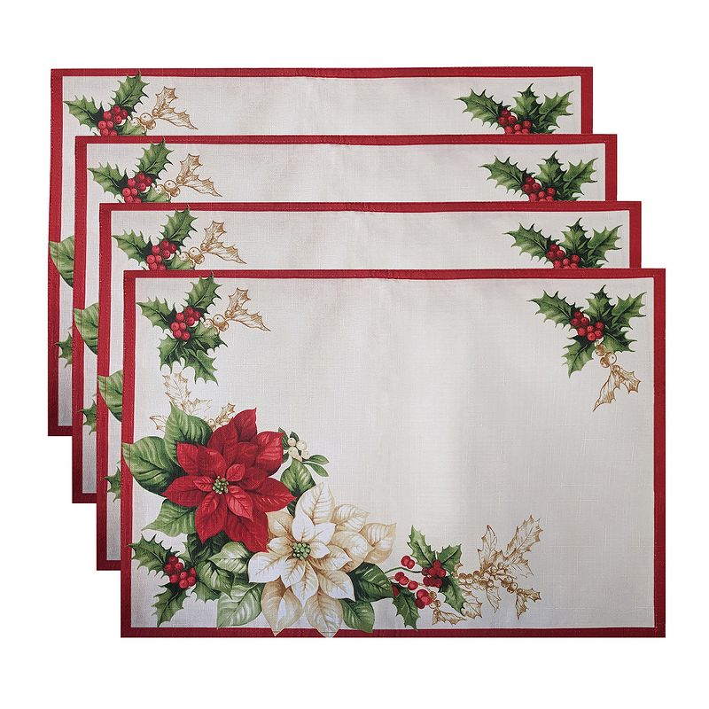 Red and White Poinsettias Placemat, Set of 4 - 13" x 19" - Red/Green - Elrene Home Fashions