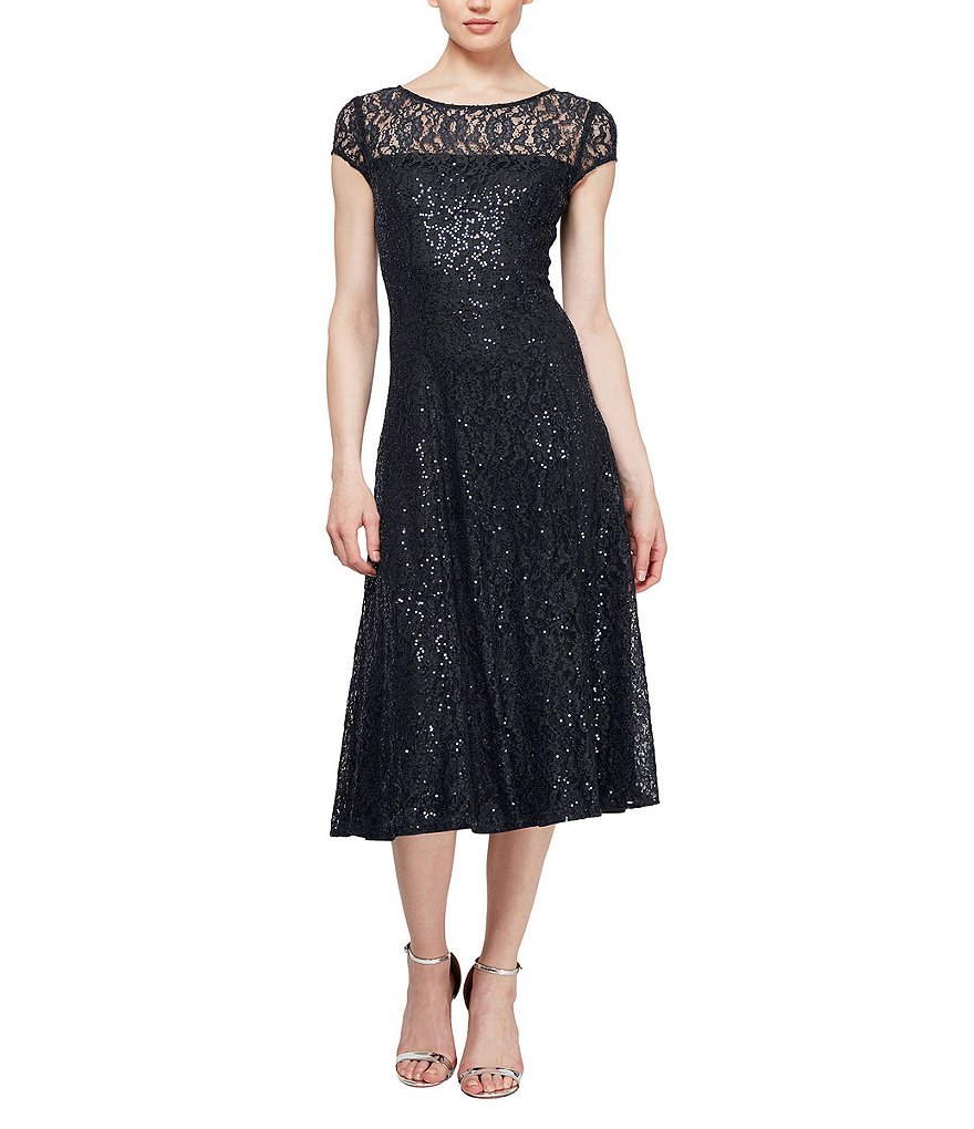 Ignite Evenings Petite Size Cap Sleeve Round Neck Sequin Lace A-Line Midi Dress