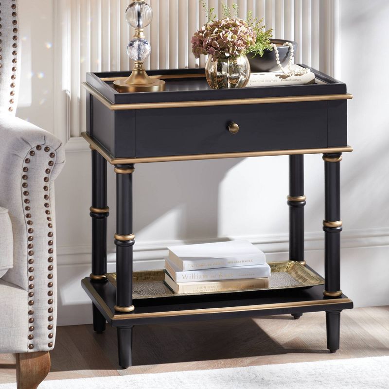 55 Downing Street Cason 15" Wide Black and Gold Rectangular Side Table with Drawer