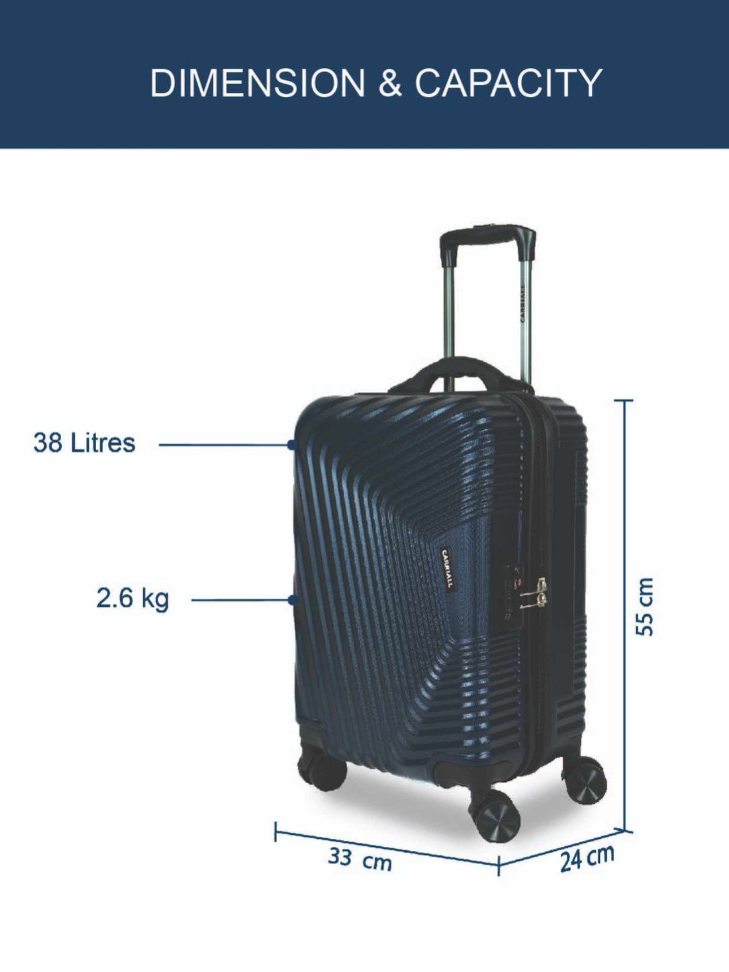 Carriall Navy Blue 8 Wheel Small Hard Cabin Trolley - 33 cm