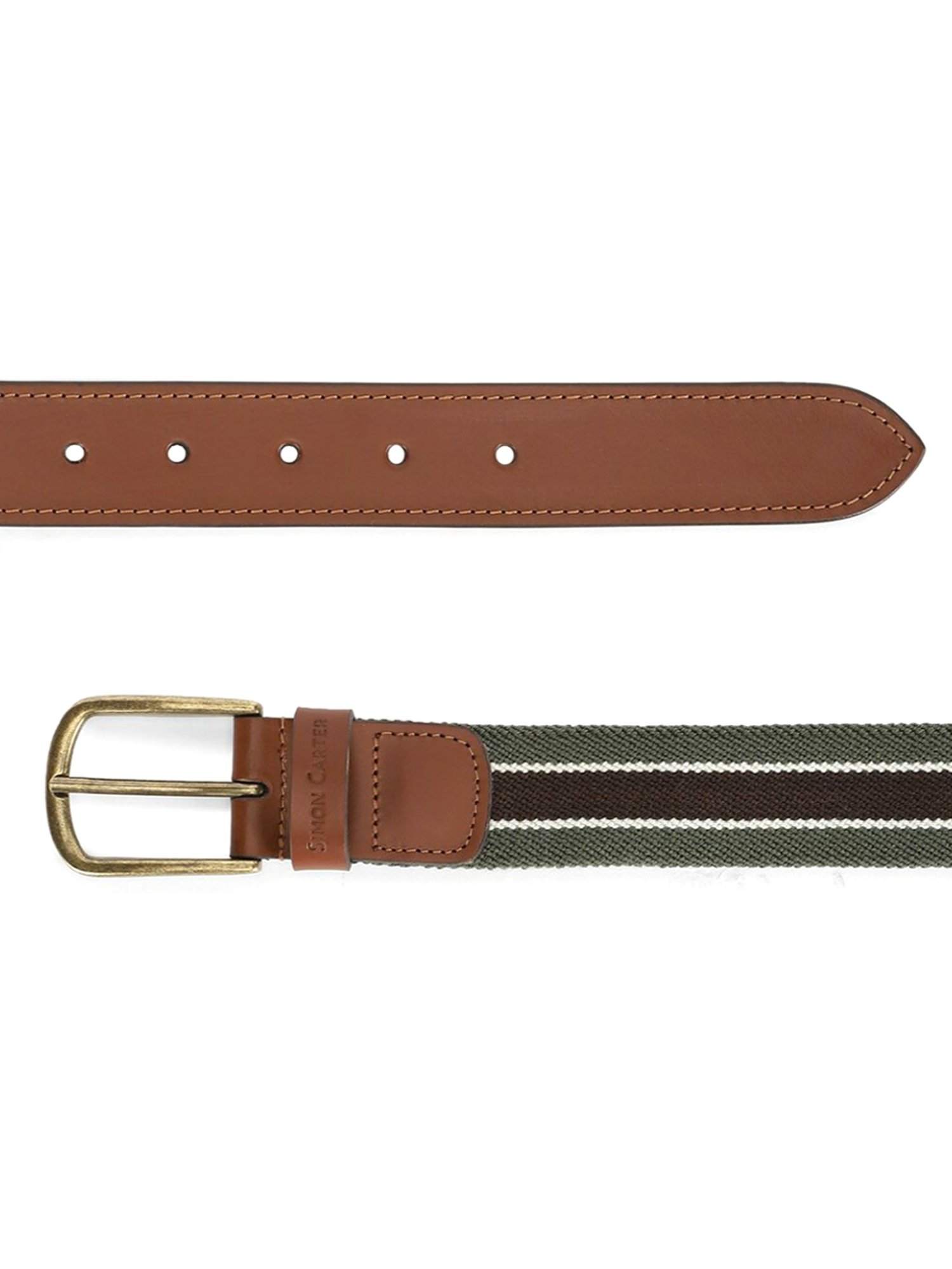 Simon Carter Green Leather Striped Casual Belt for Men
