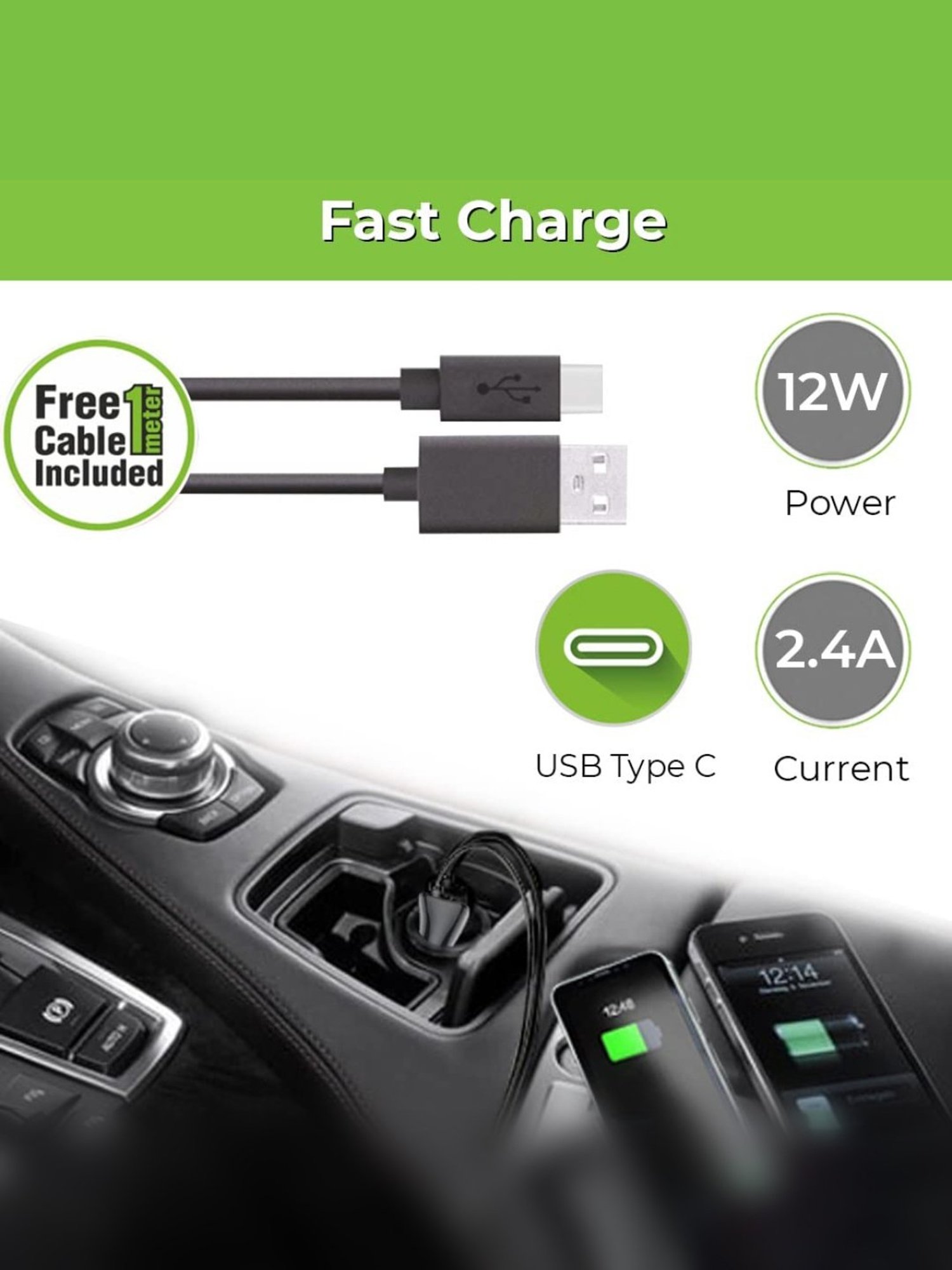 UltraProlink UM1072C Mach12 Dual USB Fast Car Charger with Type C Cable (Black)