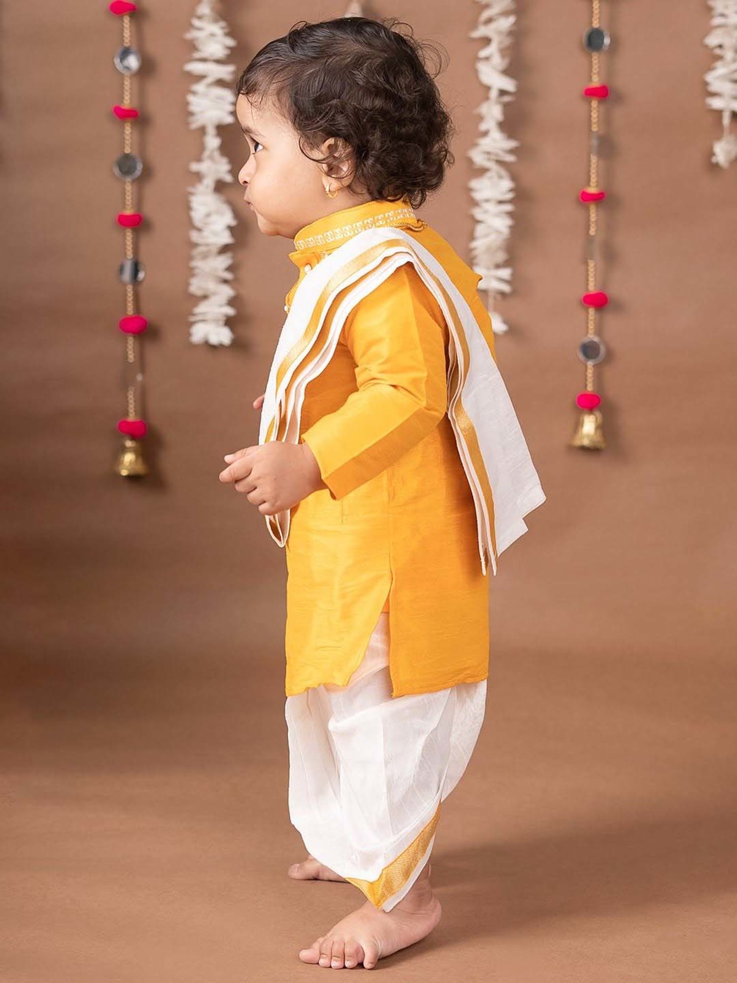 Baby Moo Kids Yellow & White Regular Fit Full Sleeves Kurta Set