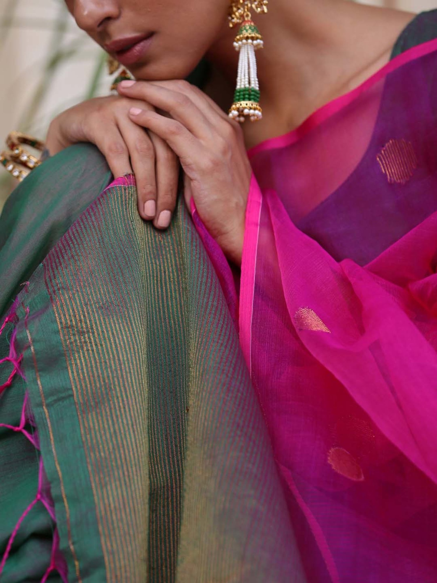 Swtantra Green & Pink Cotton Silk Embroidered Saree