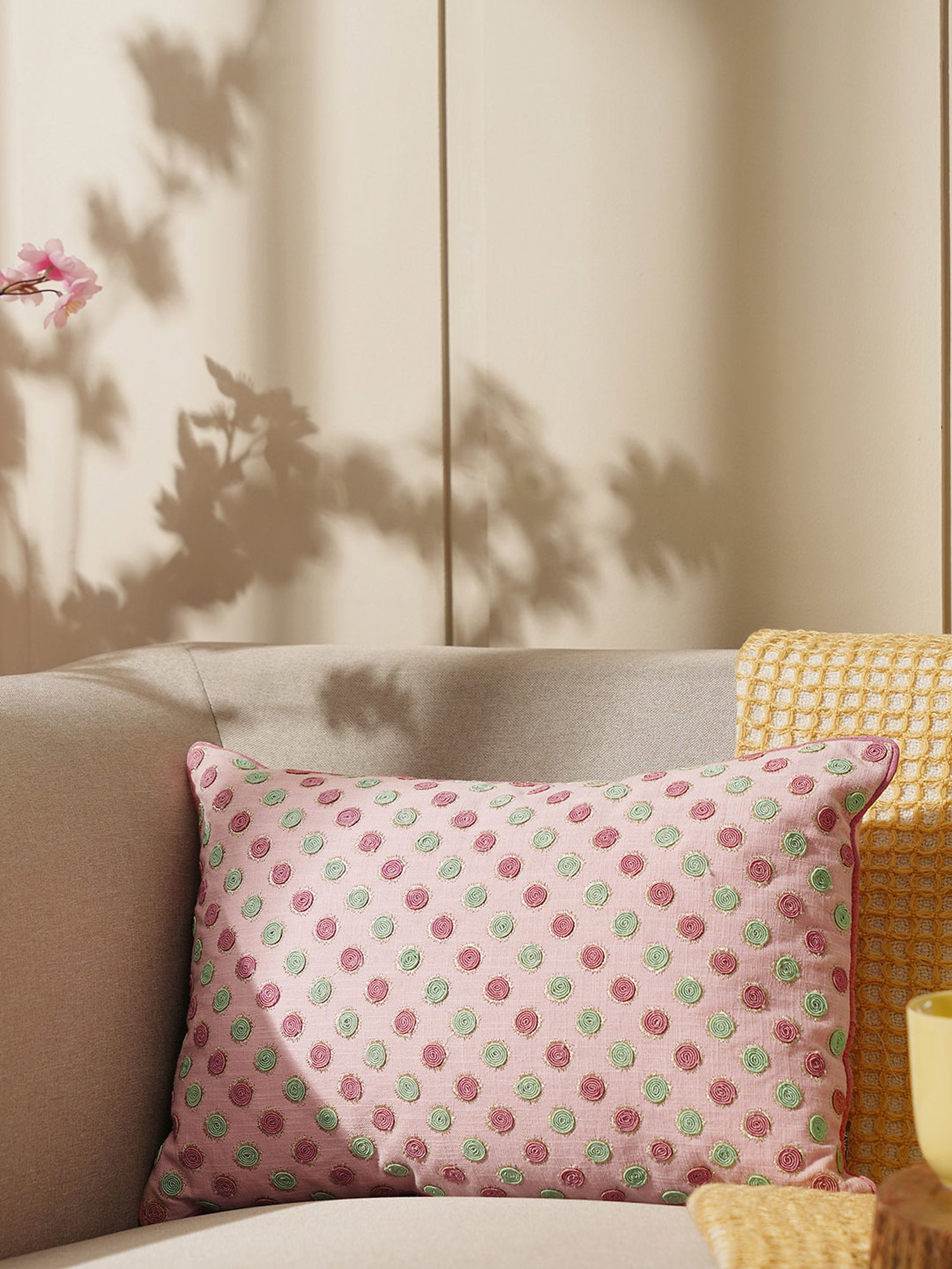 Pure Home and Living Pink Cotton Embroidery Cushion Covers