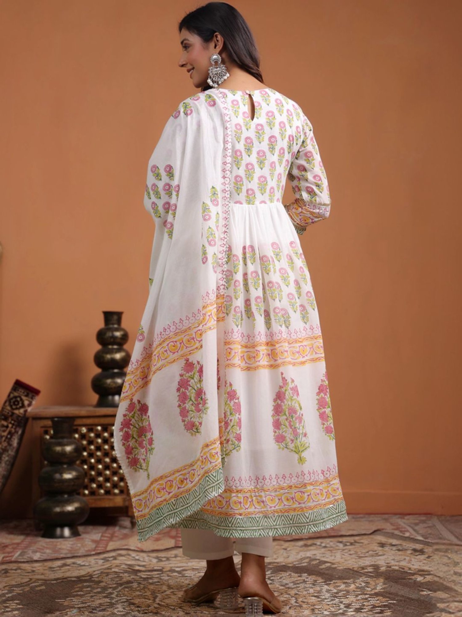 SCAKHI White Cotton Floral Print Kurta Pant Set With Dupatta