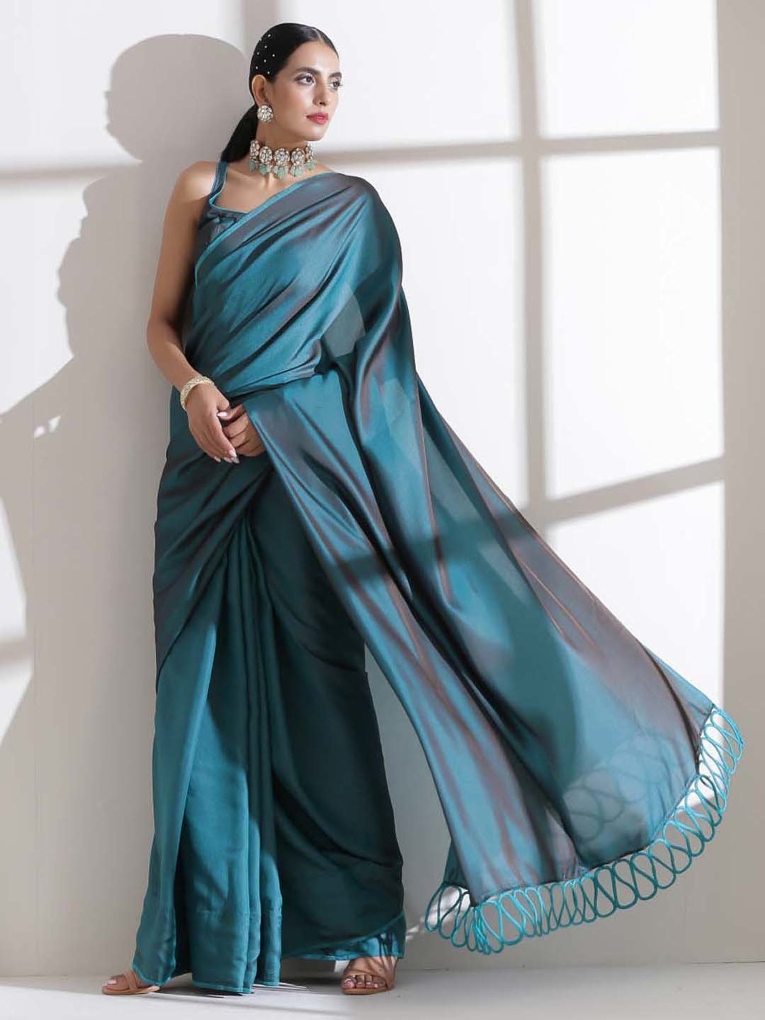 Swtantra Blue & Grey Satin Saree