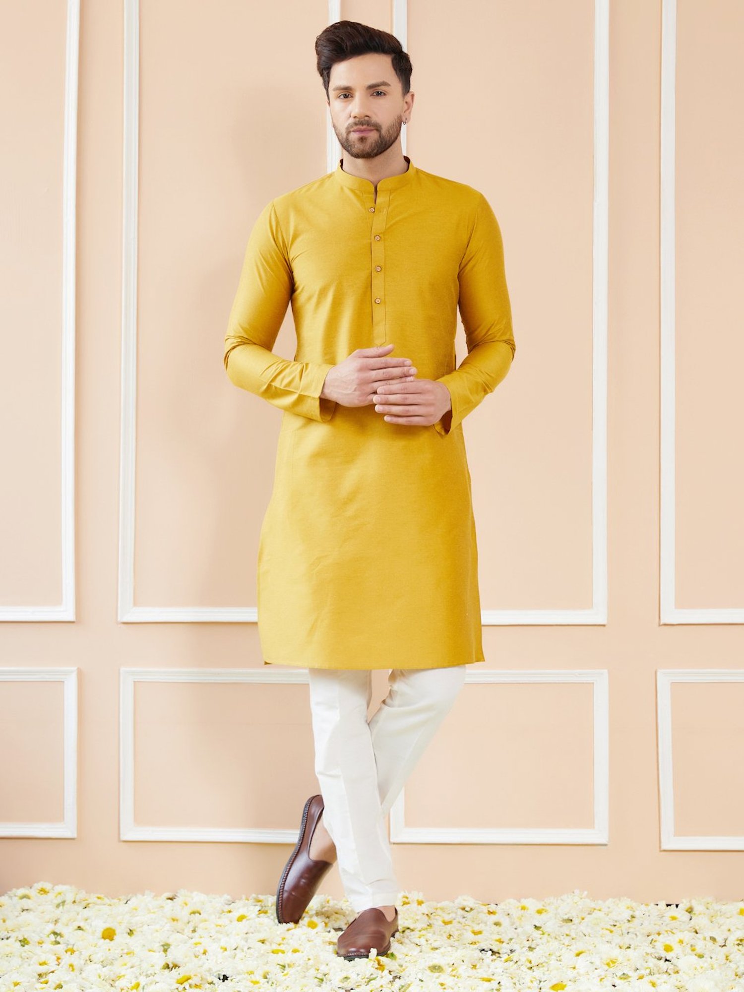 See Designs Mustard & White Regular Fit Kurta & Pyjamas Set