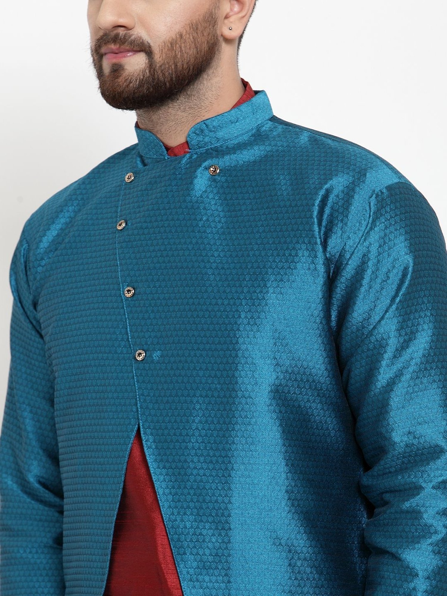 Benstoke Maroon & Peacock Blue Regular Fit Self Pattern Kurta Set With Jacket