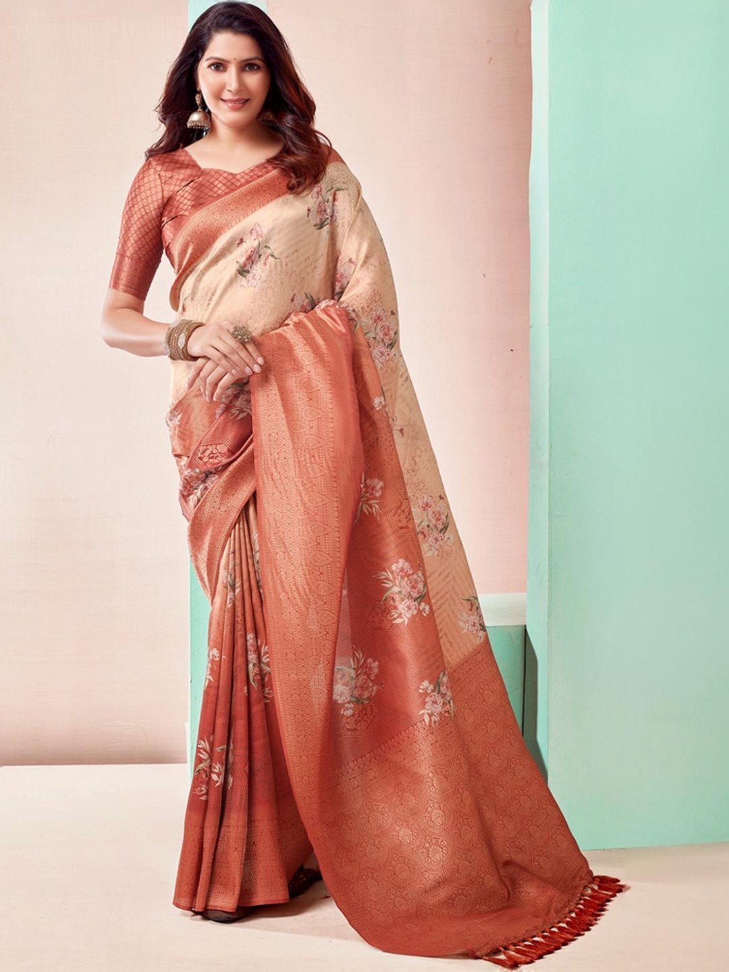 Satrani Beige & Rust Woven Saree With Unstitched Blouse