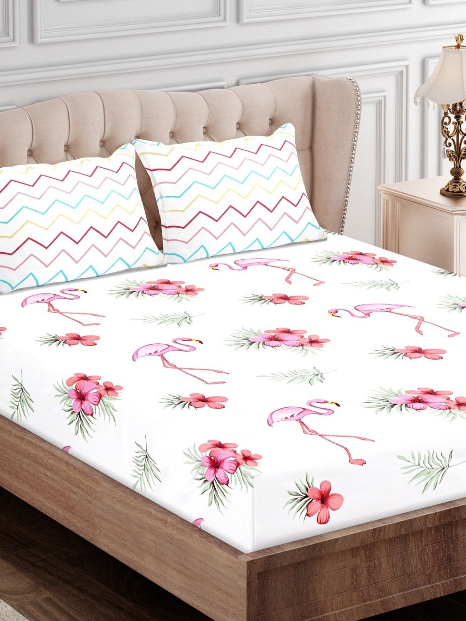 SEJ by Nisha Gupta Abstract Pink 160 TC Cotton King Bed Sheet with 2 Pillow Covers