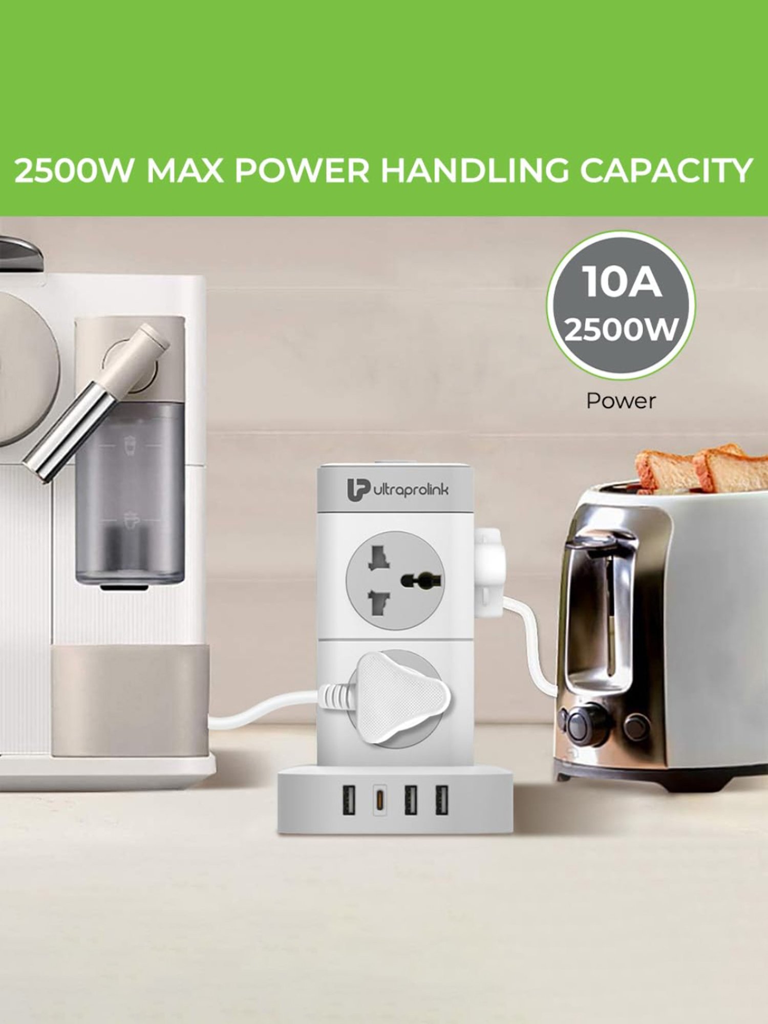 ULTRAPROLINK UM1155U Surge Protector & Spike Guard with 8 Sockets, 3 USB-A+1 Type C 3.4A (White)