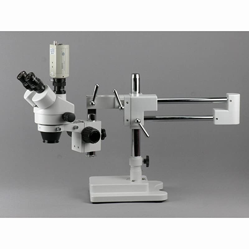 SM-3T Professional Trinocular Stereo Zoom Microscope, WH10x Eyepieces, 7X-45X Magnification, 0.7X-4.5X Zoom Objective, Ambient Lighting, Single-Arm Boom Stand