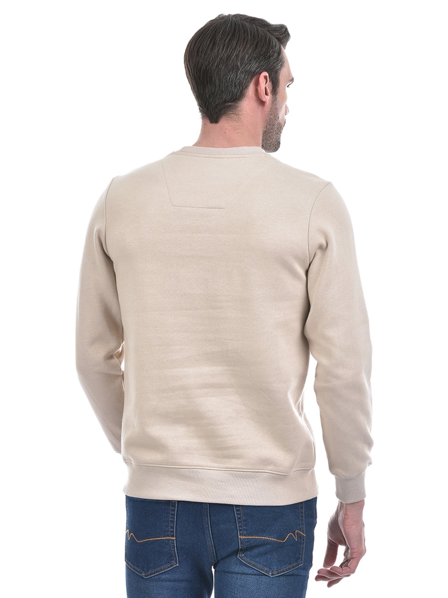 NUMERO UNO Beige Regular Fit Solid Round Neck Brushed Fleece Pullovers Sweatshirt
