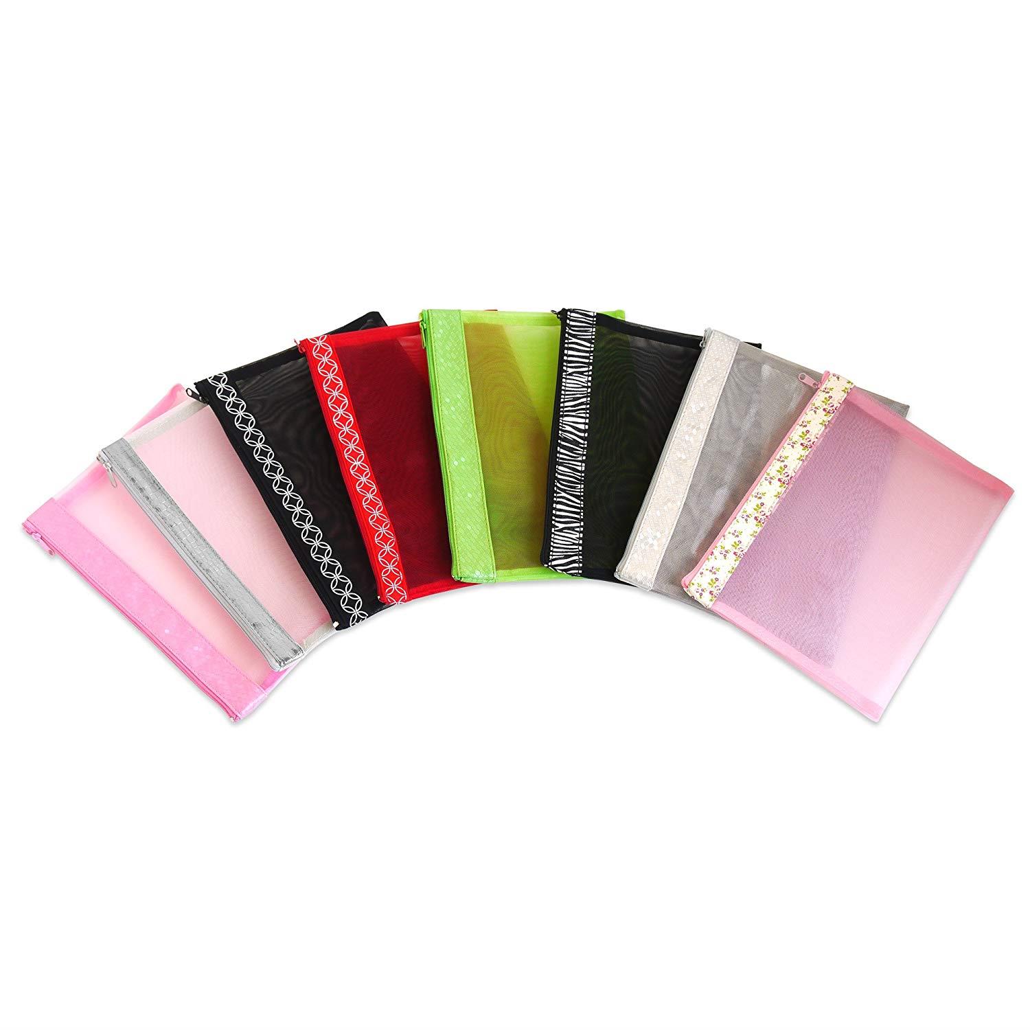 Multi Purpose 4 Piece Mesh Bag Set for Travel, Office Supplies, Cosmetic, Paper, Bill and Credit Card Bag (Pink)